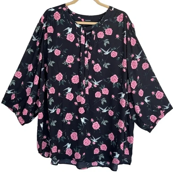 Torrid Floral Bird Print Georgette Tie Neck Blouse Size 5X - Picture 6 of 14